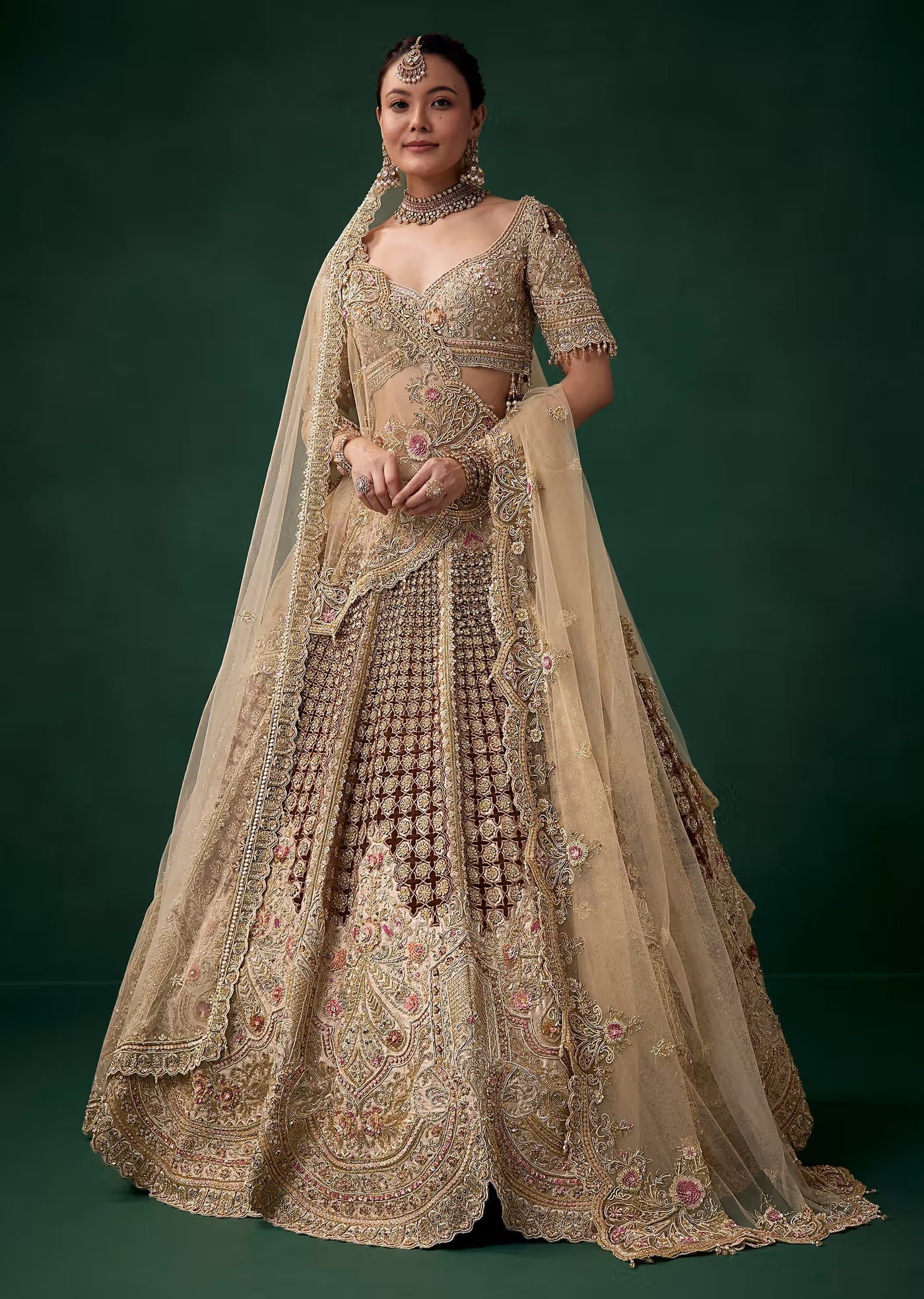Beige Velvet Patchwork Embroidered Bridal Lehenga Set