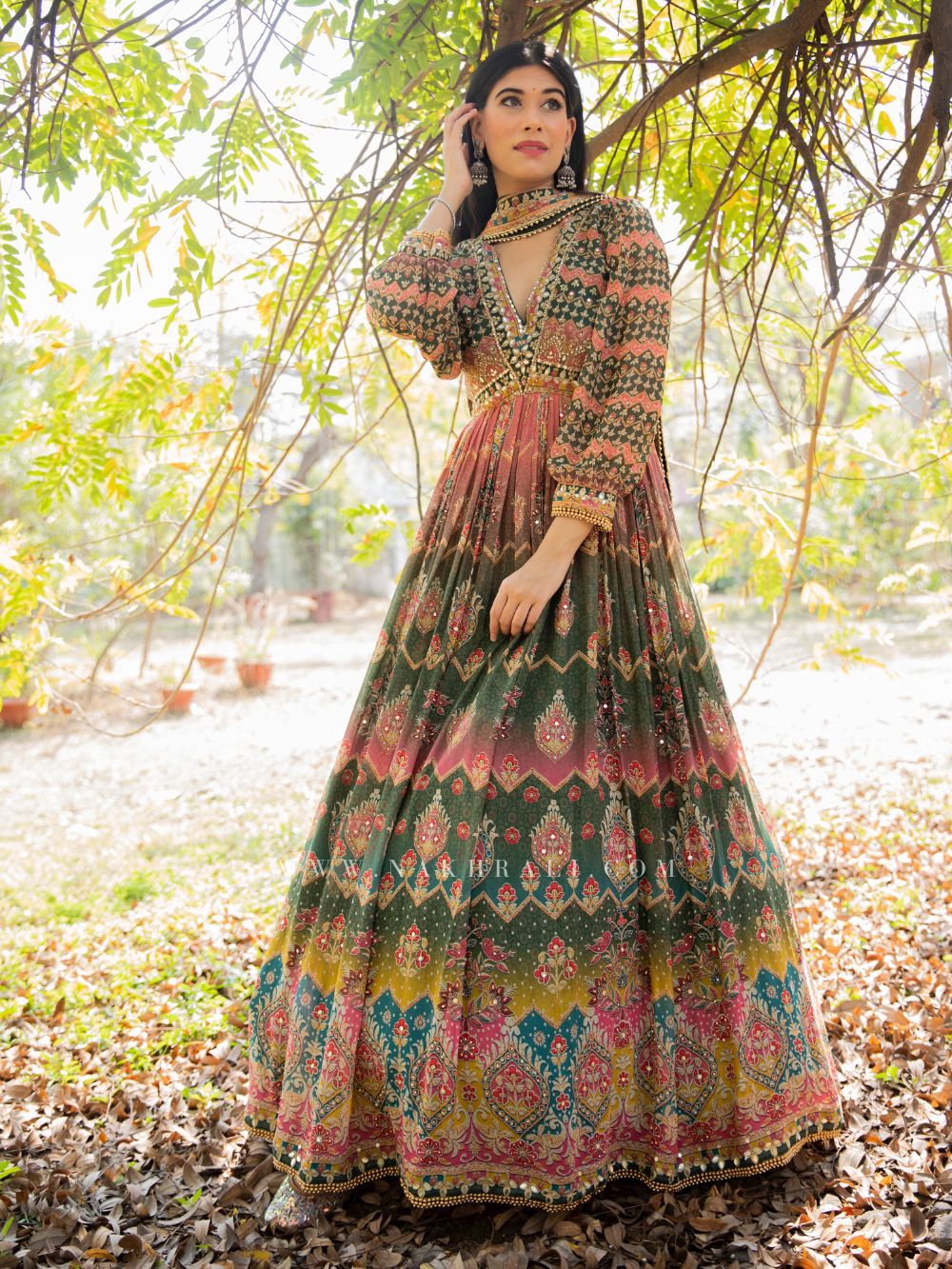 Wafaa Green Printed Anarkali Suit Set