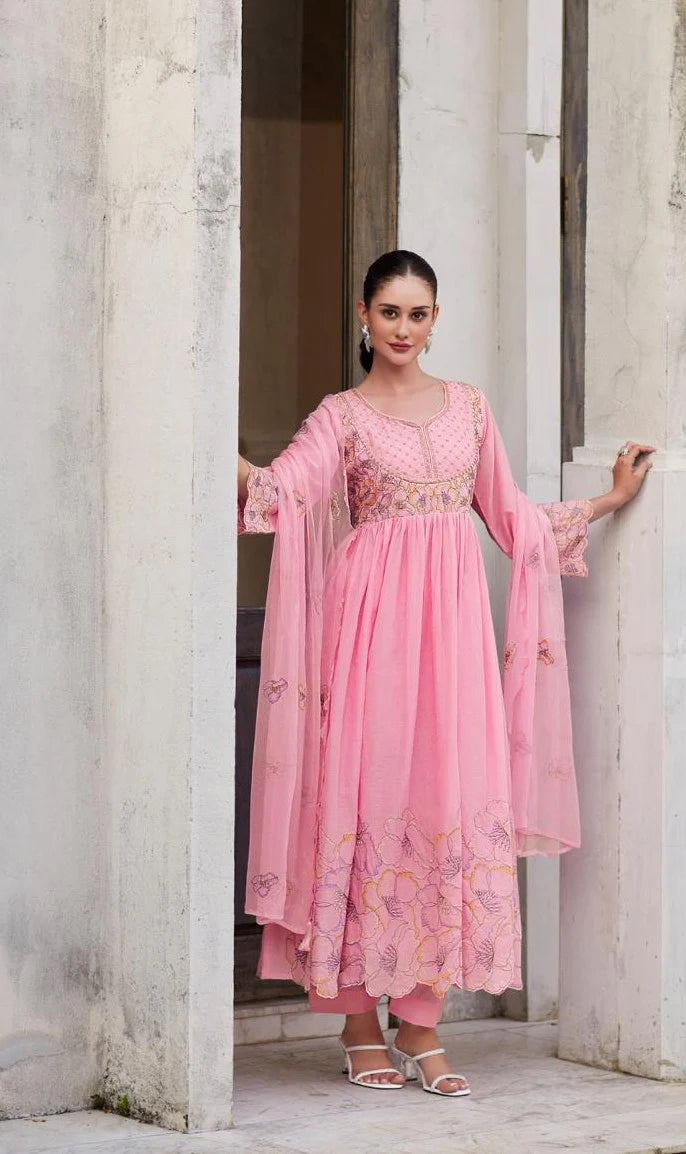 Rose Cotton Embroidery Anarkali Suit Set