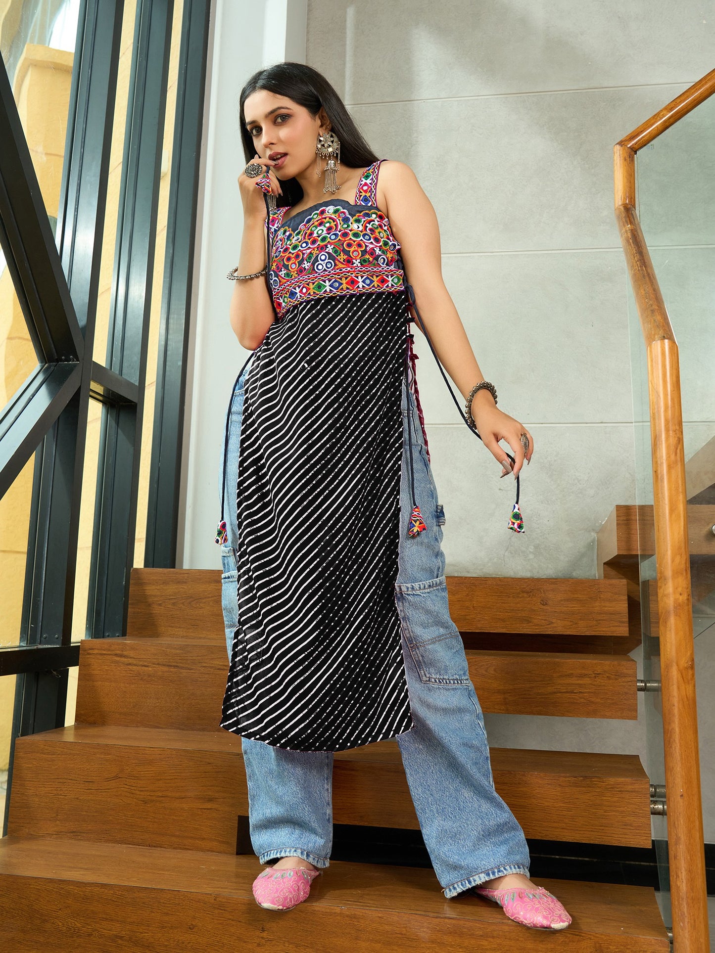 Georgette Silk Embroidery & Mirror Work Striped Designer Kurti
