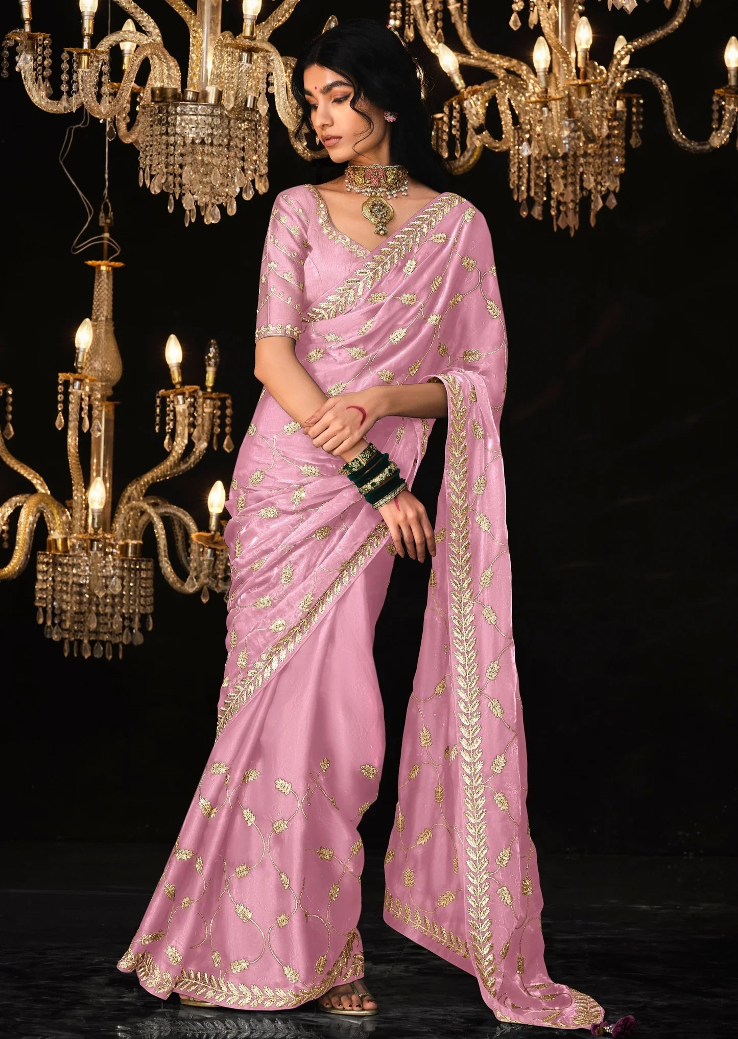 Organza Embroidered Pastel Pink Designer Saree