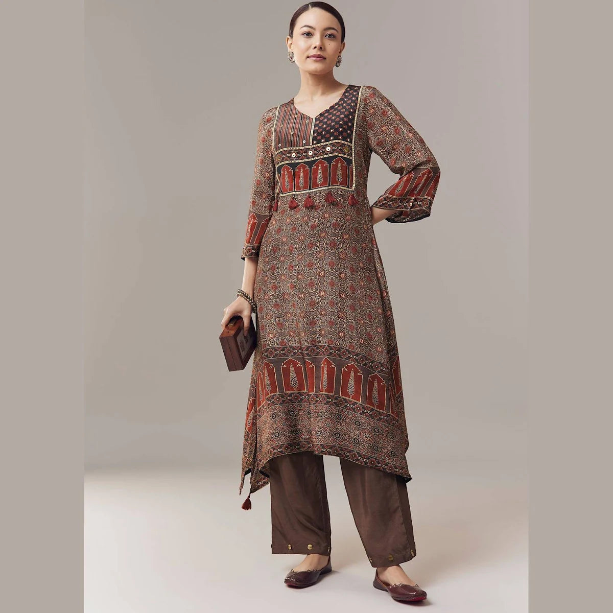 Maroon Coord Set In Ajrakh Print With Sequins Work