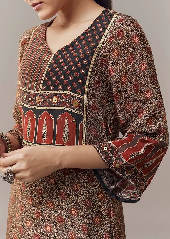 Maroon Coord Set In Ajrakh Print With Sequins Work