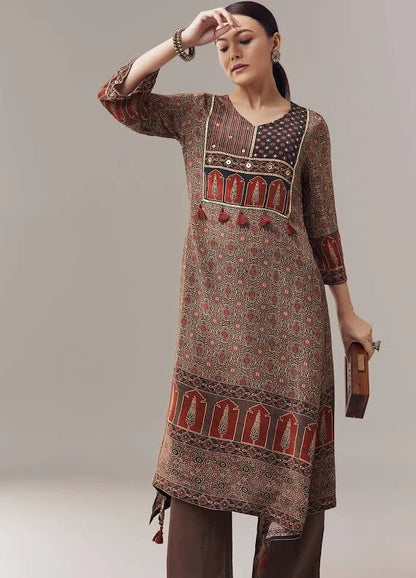 Maroon Coord Set In Ajrakh Print With Sequins Work